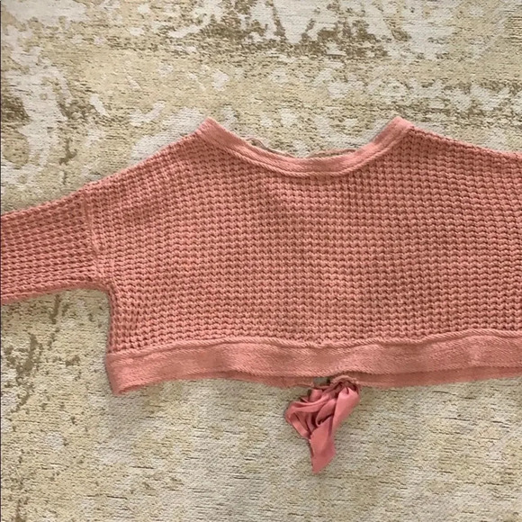Free People Chunky Waffle Knit Sweater Lace Up Back Cropped Oversized Pink XS - Picture 4 of 9